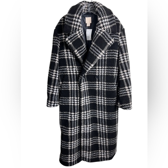 H&M Wool Blend Faux Shearling Double Breasted Coat Jacket Black Plaid XS NWT - Picture 2 of 9
